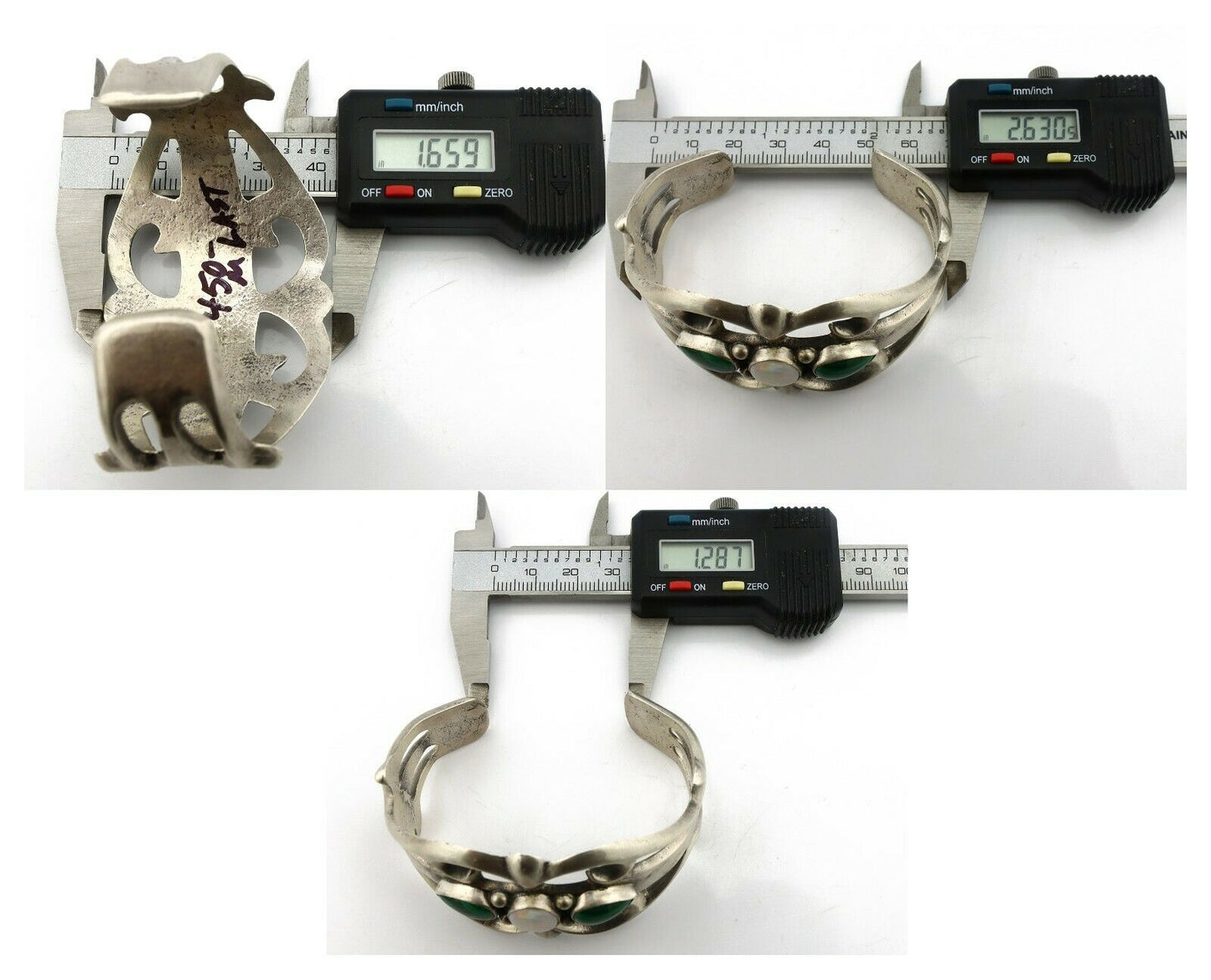 Navajo Sand Cast Bracelet .925 Silver Malachite & Opal Native Artist C.80's