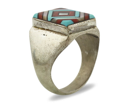 Zuni Inlaid Ring .925 Silver Gemstone Artist Varden Vacit C.1980's