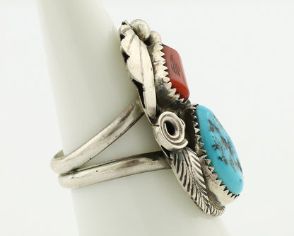 Navajo Ring 925 Silver Blue Turquiose & Coral Artist Signed Justin Morris C.80's