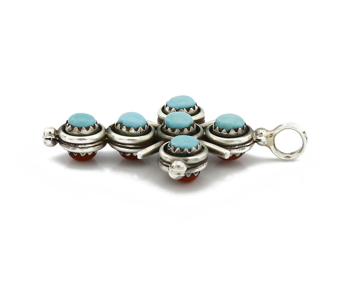 Zuni Natural Turquoise and Coral Reversible 925 Silver Handmade Pendant