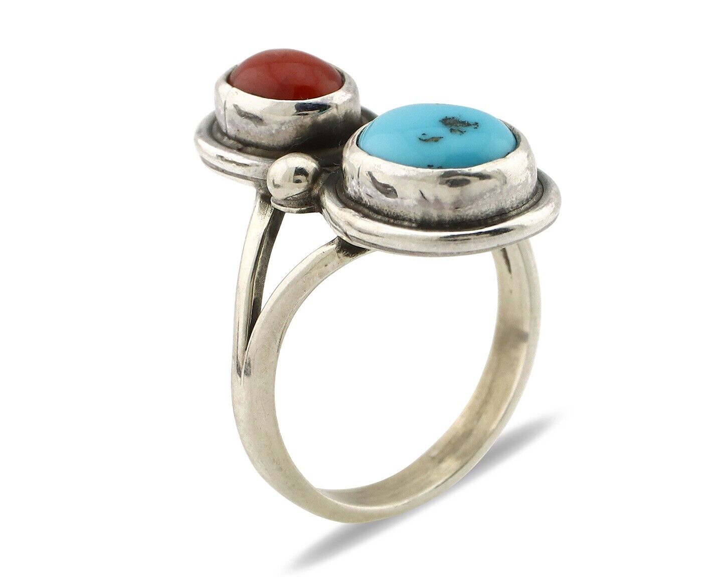 Navajo Inlay Band Ring 925 Silver Turquoise & Coral Native Artist C.80's