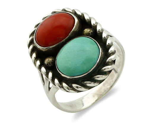 Navajo Ring 925 Silver Coral & Globe Turquoise Native American Artist C.1970's
