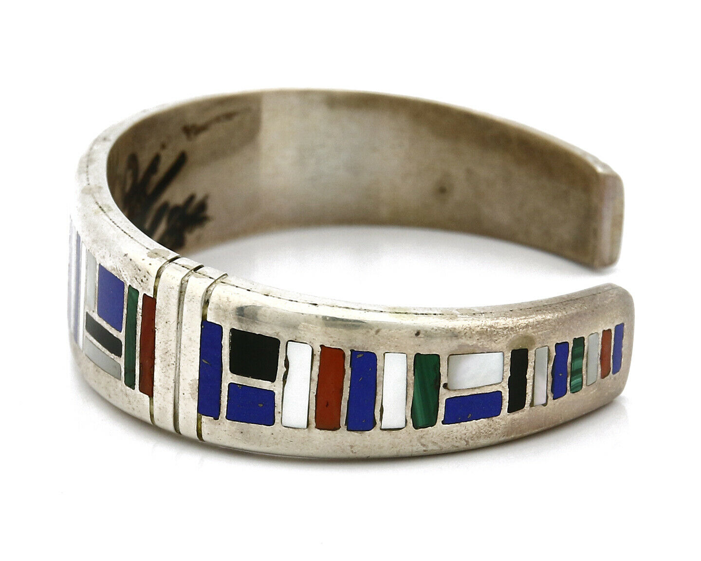 Artist David Freeland Inlaid Natural Gemstone .925 SOLID Silver Cuff Bracelet