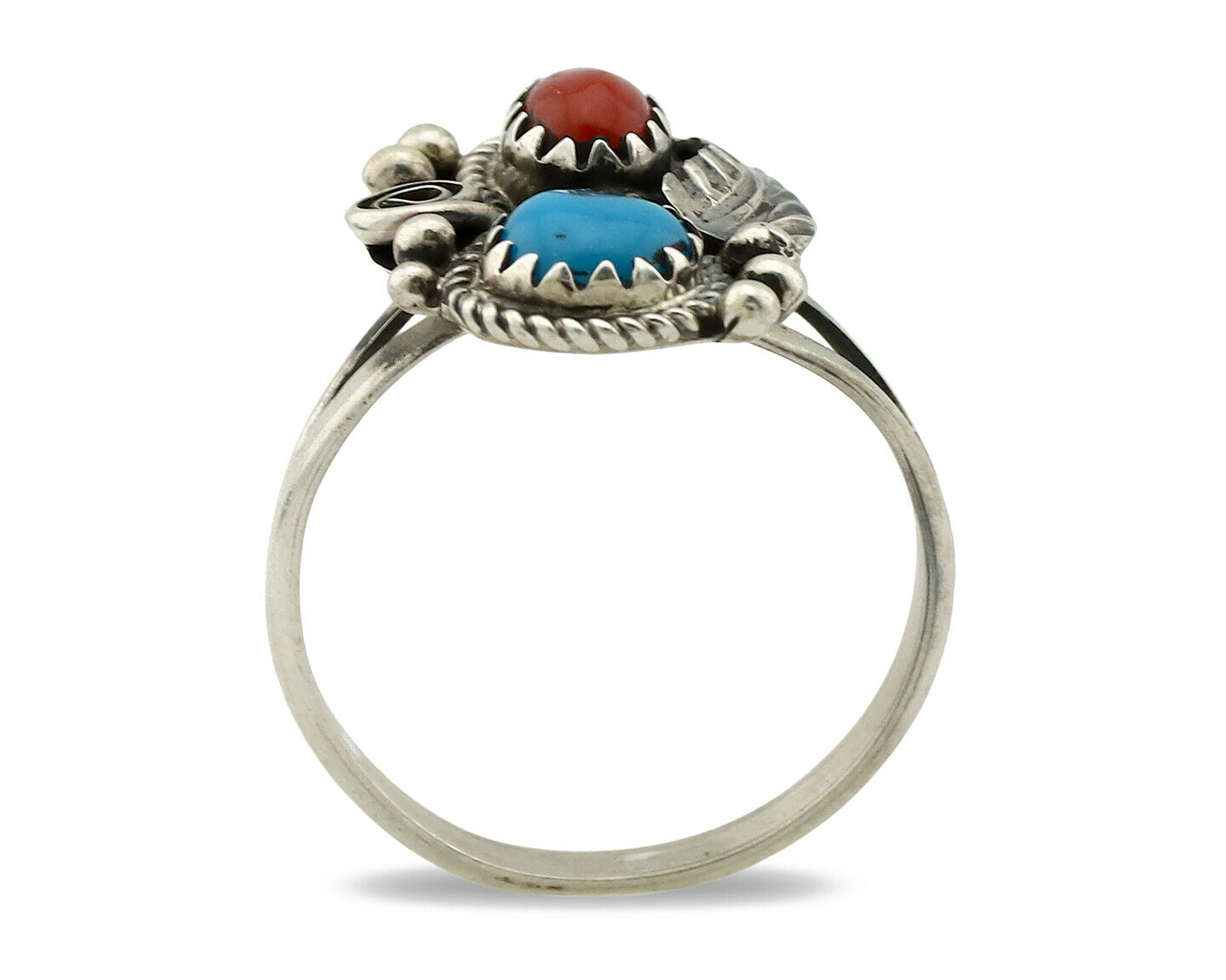 Navajo Ring .925 Silver Morenci Turquoise & Coral Native Artist Signed JM C.80's