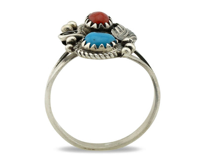 Navajo Ring .925 Silver Morenci Turquoise & Coral Native Artist Signed JM C.80's