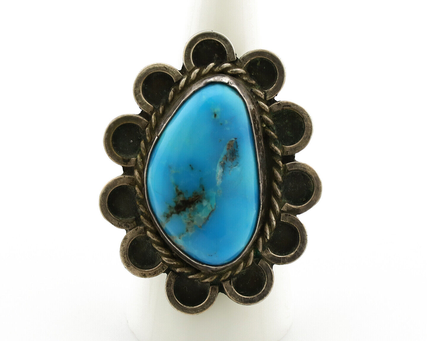 Navajo Ring .925 Silver Globe Turquoise Hand Stamped Native American Artist C80s
