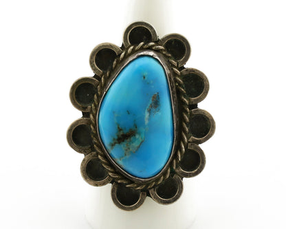 Navajo Ring .925 Silver Globe Turquoise Hand Stamped Native American Artist C80s