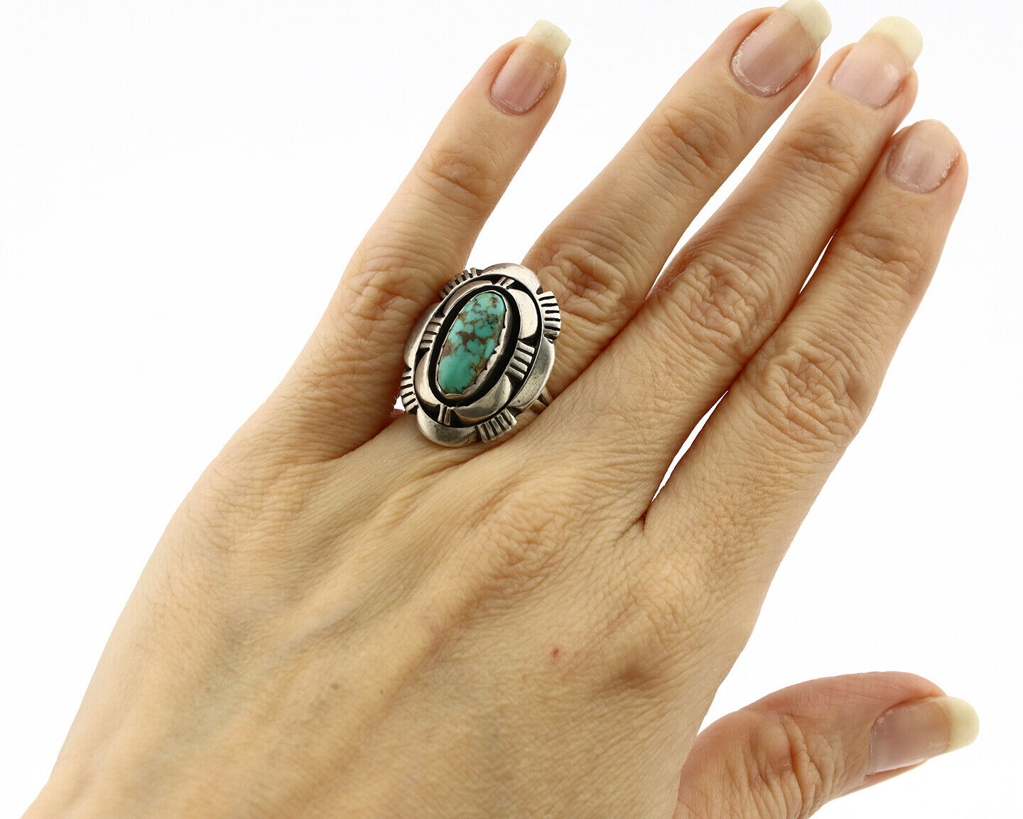 Navajo Ring .925 Silver Spiderweb Turquoise Artist Signed L. M. Nez C80s