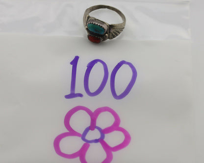 Zuni Ring .925 Silver Natural Turquoise & Coral Native American Artist C.1980's