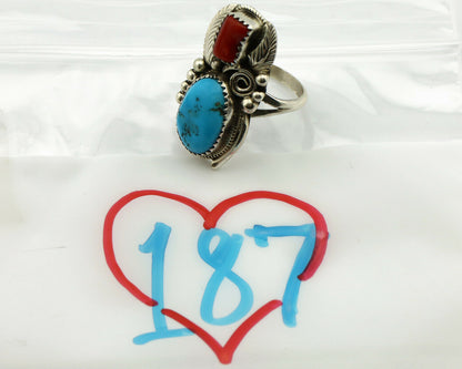 Navajo Ring .925 Silver Turquoise & Coral Artist Signed Justin Morris C.1980's