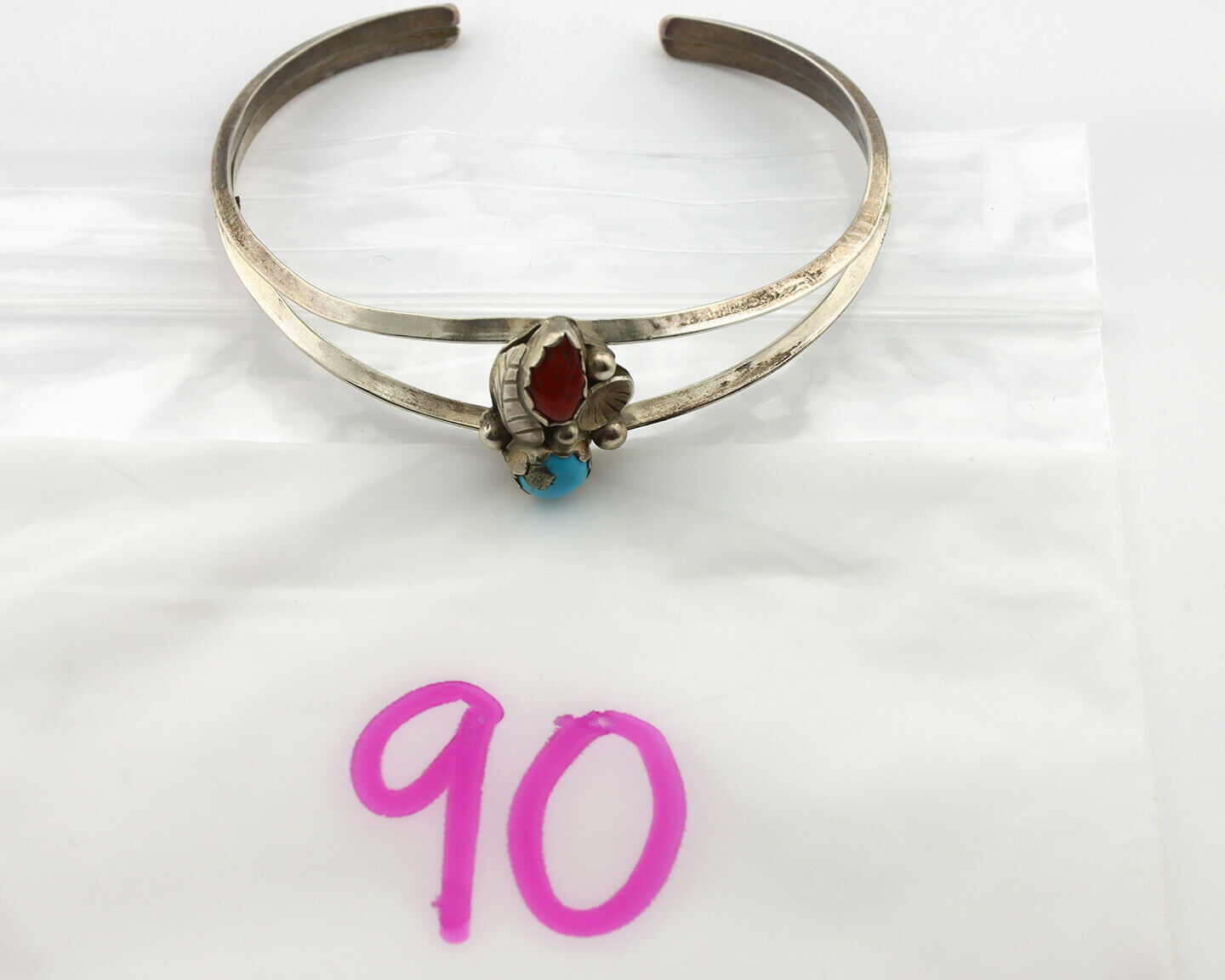 Navajo Bracelet .925 Silver Natural Turquoise & Coral Native American Artist 80s