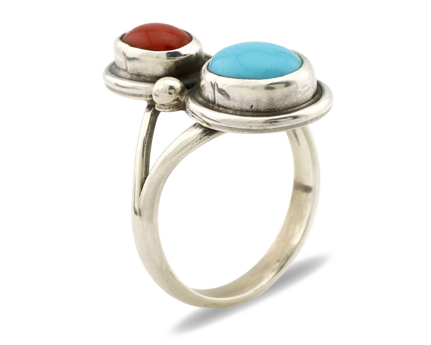 Navajo Handmade Ring 925 Silver Coral & Turquoise Native American Artist C.80's
