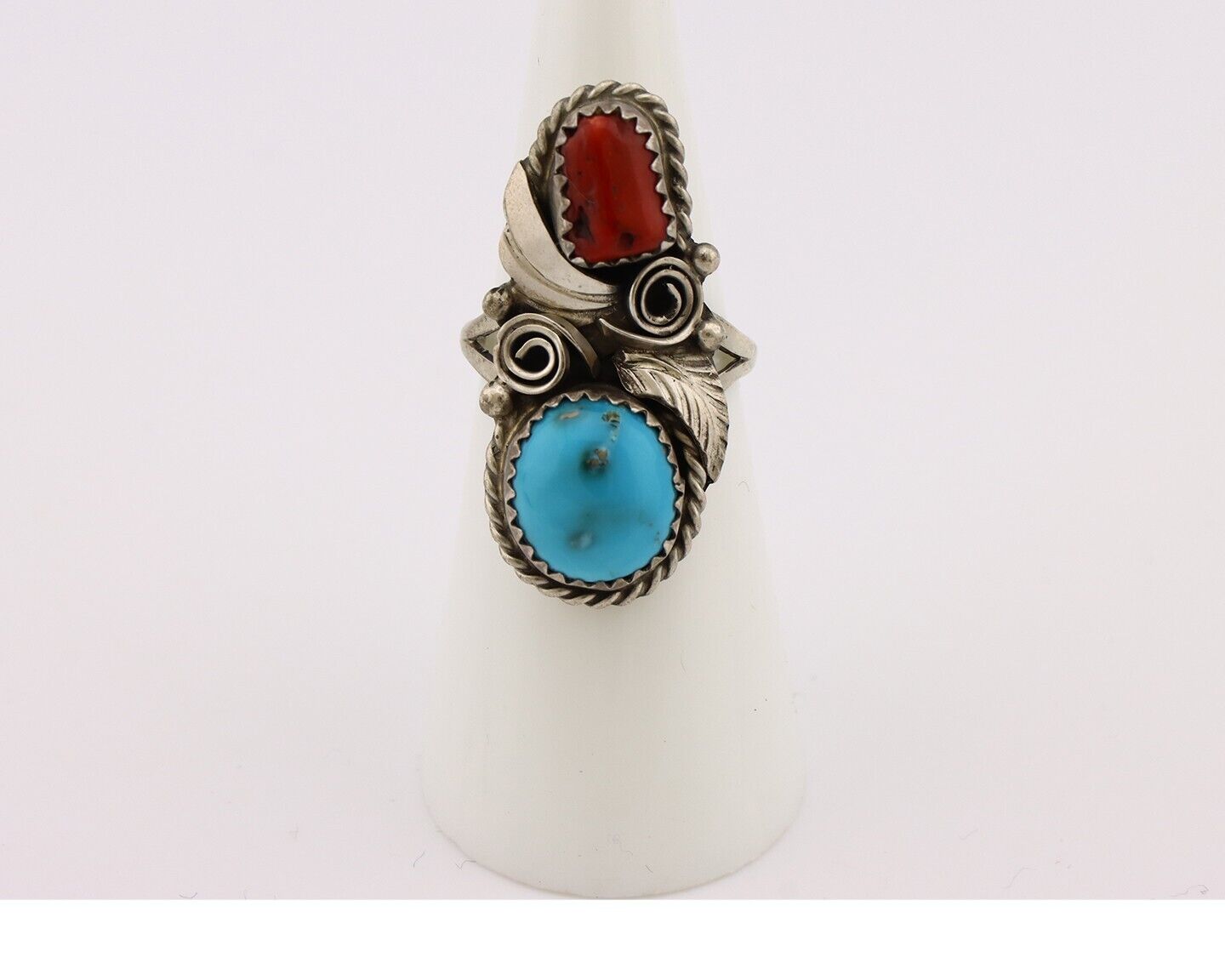 Navajo Ring 925 Silver Blue Turquiose & Coral Artist Signed Justin Morris C.80's