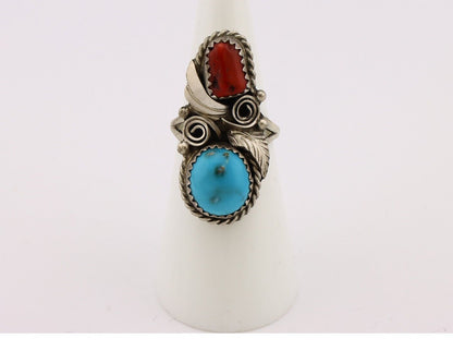Navajo Ring 925 Silver Blue Turquiose & Coral Artist Signed Justin Morris C.80's