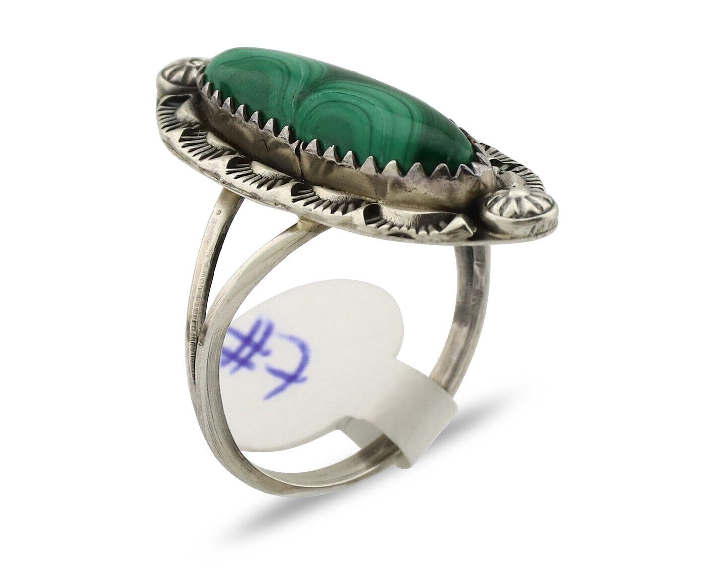 Navajo Ring .925 Silver Malachite Hand Stamped Signed Herman Lee C.80's