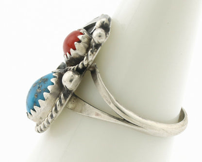 Navajo Ring .925 Silver Morenci Turquoise & Coral Native Artist Signed JM C.80's