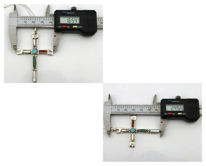 Zuni Handmade Cross Necklace 925 Silver Natural Gemstone Signed L. IULE C.80's