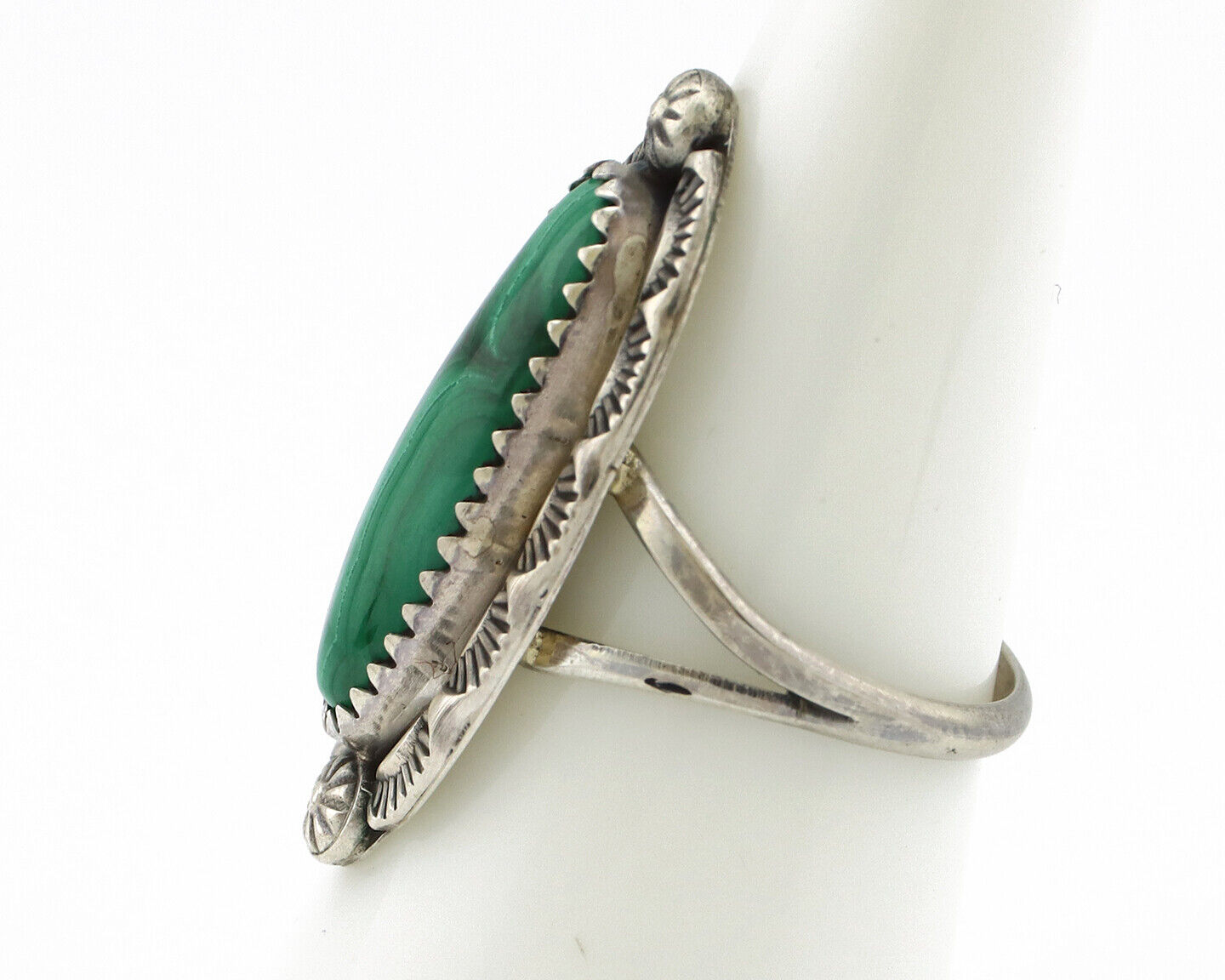 Navajo Ring 925 Silver Natural Malachite Artist Native American Signed H C.80's
