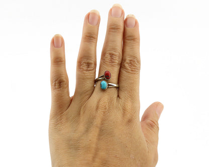 Navajo Ring 925 Silver Coral & Turquoise Handmade Native American Artist C.1980s