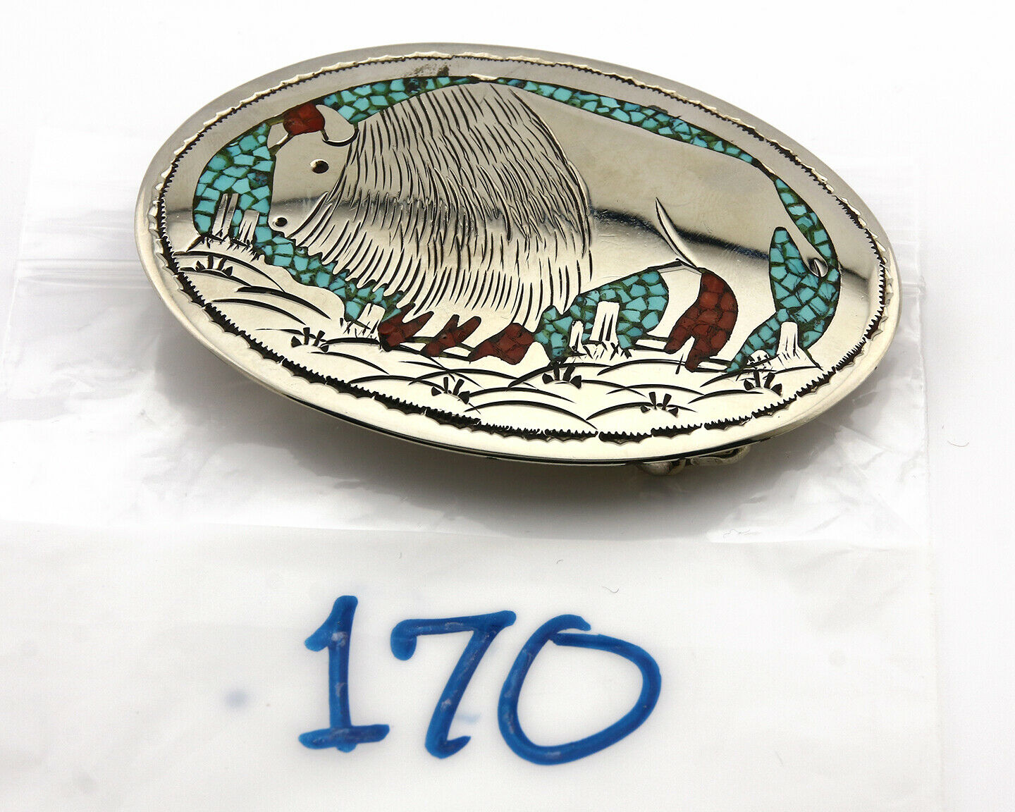 Navajo Belt Buckle .999 Nickle Silver Turquoise Coral Signed SD C.80's