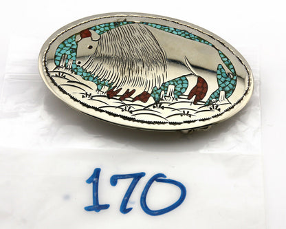 Navajo Belt Buckle .999 Nickle Silver Turquoise Coral Signed SD C.80's