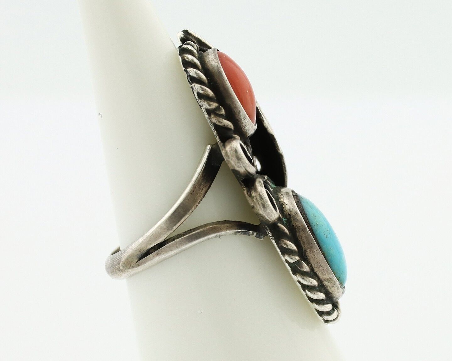 Navajo Handmade Ring 925 Silver Turquiose & Coral Native American Artist C.80's