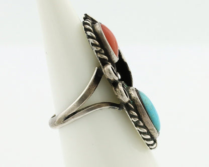 Navajo Handmade Ring 925 Silver Turquiose & Coral Native American Artist C.80's