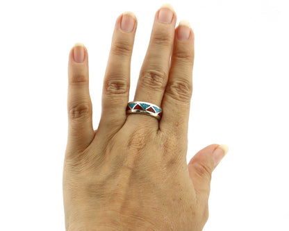 Navajo Chip Inlay Ring 925 Silver Sleeping Beauty Turquoise & Coral Silver Cloud