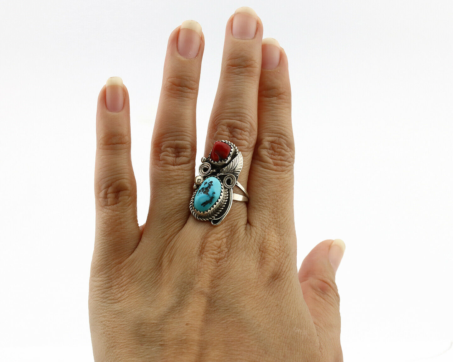 Navajo Ring .925 Silver Turquoise & Coral Artist Signed J Morris C.80's