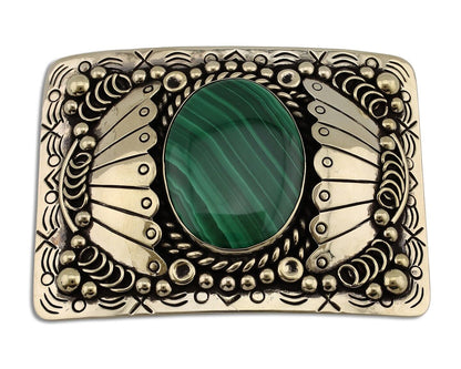 Men Navajo Belt Buckle 999 Nickel Malachite Artist Signed Teepee Handmade C80s