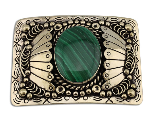Men Navajo Belt Buckle 999 Nickel Malachite Artist Signed Teepee Handmade C80s