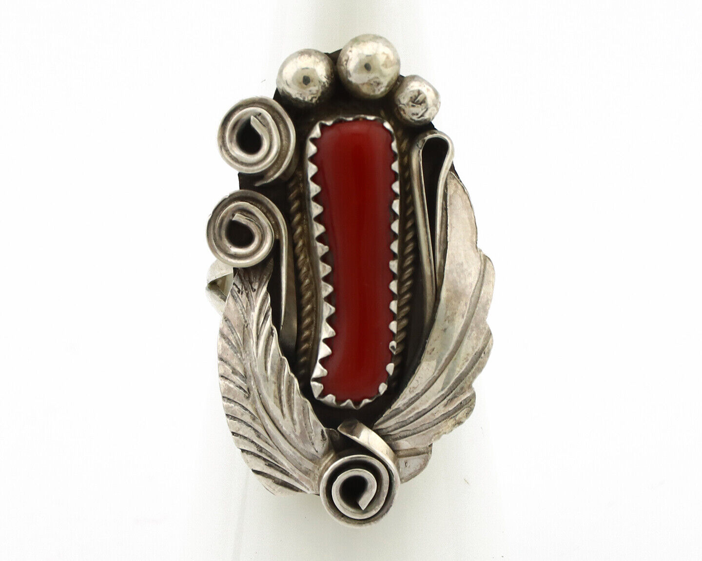 Navajo Ring 925 Silver Mediterranean Coral Artist Signed Justin Morris C.80's