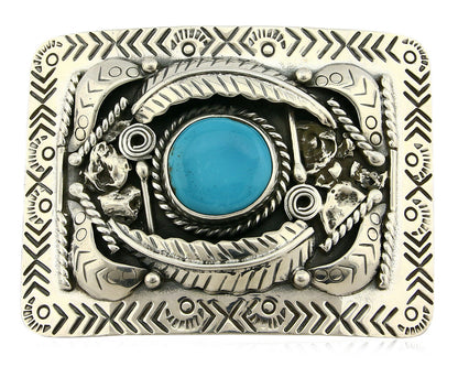 Navajo Belt Buckle .925 Silver Turquoise Mountain Artist Signed Tipi C.80's