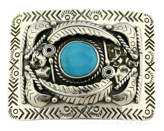 Navajo Belt Buckle .925 Silver Turquoise Mountain Artist Signed Tipi C.80's