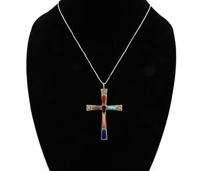 Zuni Handmade Cross Necklace 925 Silver Natural Gemstone Signed W. IULE C.80's
