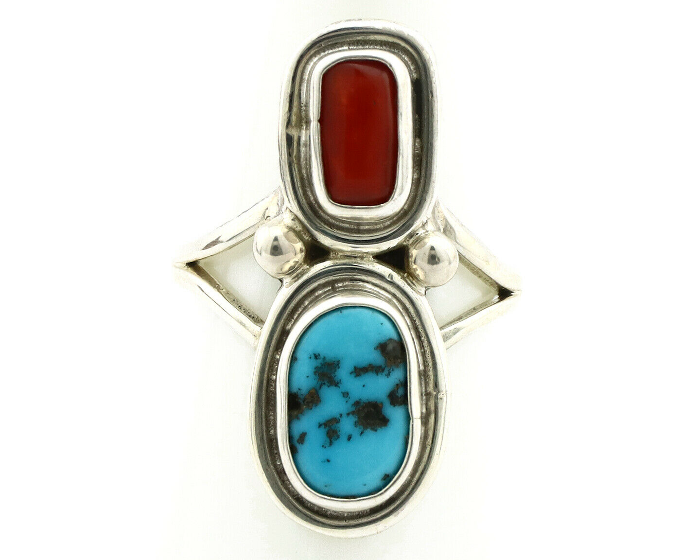 Navajo Ring .925 Silver Red Coral & Blue Turquoise Native Artist C.80's