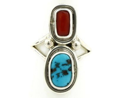 Navajo Ring .925 Silver Red Coral & Blue Turquoise Native Artist C.80's
