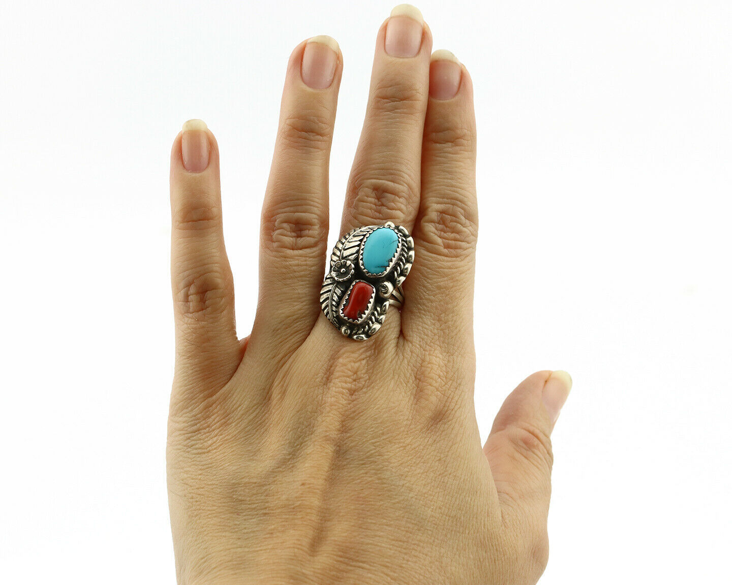 Navajo Ring .925 Silver Turquoise & Coral Artist Signed Thomas Singer C.80's