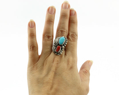 Navajo Ring .925 Silver Turquoise & Coral Artist Signed Thomas Singer C.80's