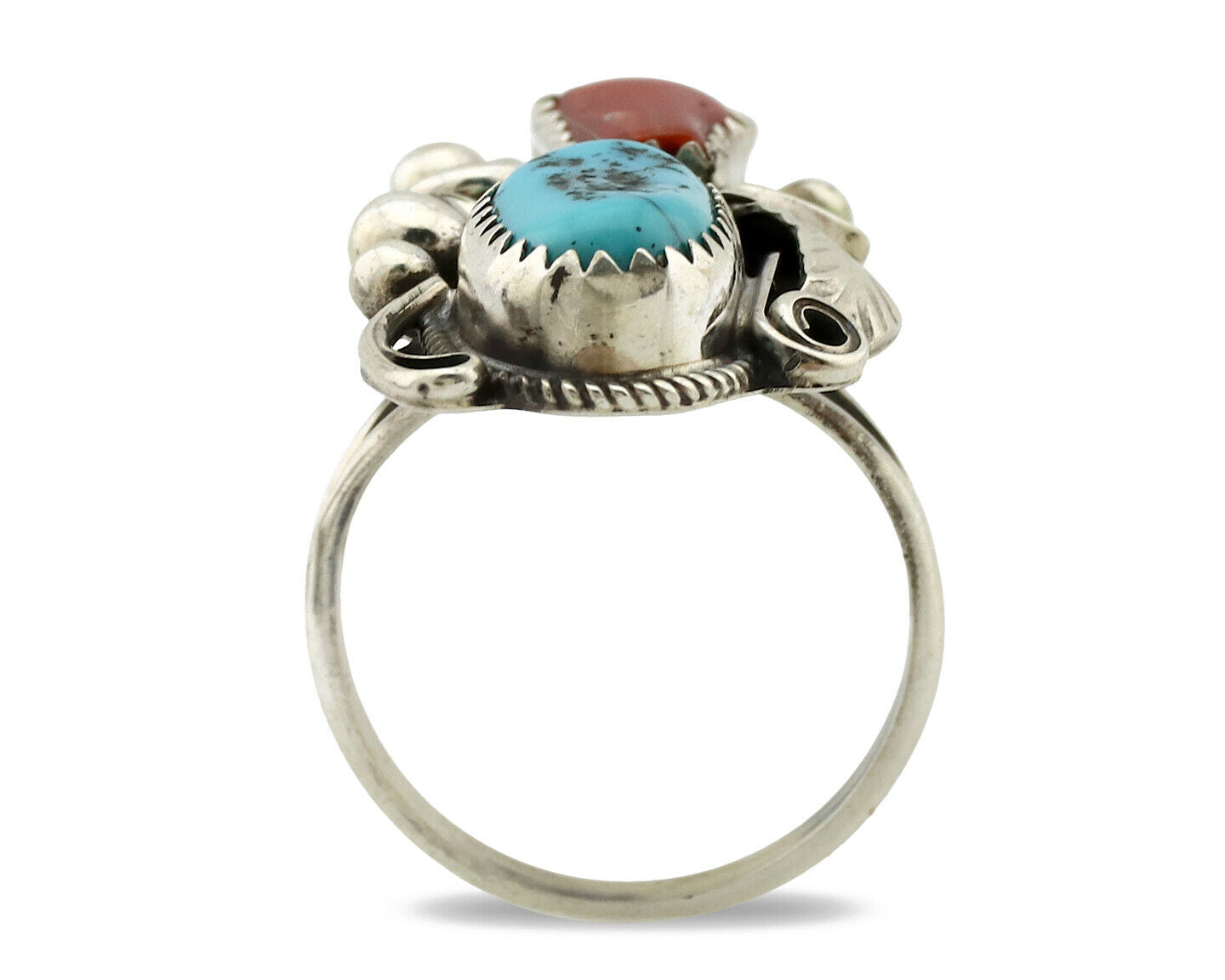 Navajo Ring .925 Silver Turquoise & Coral Artist Signed J Morris C.80's