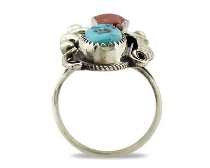 Navajo Ring .925 Silver Turquoise & Coral Artist Signed J Morris C.80's