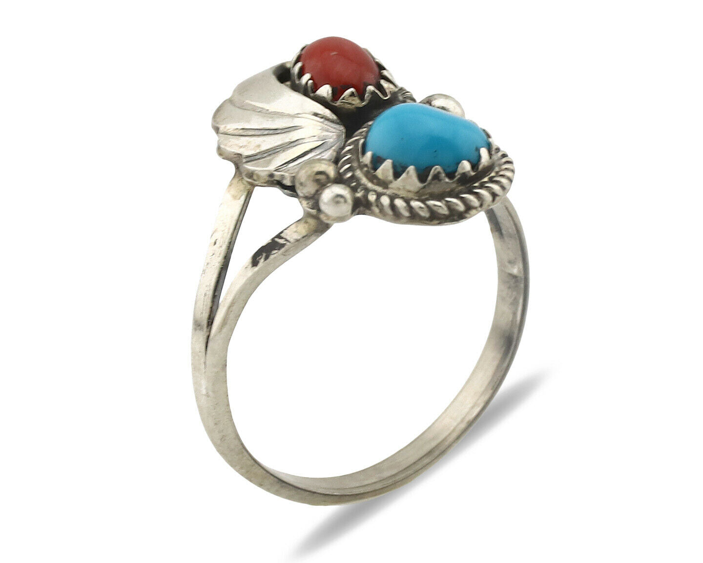 Navajo Ring .925 Silver Morenci Turquoise & Coral Native Artist Signed JM C.80's