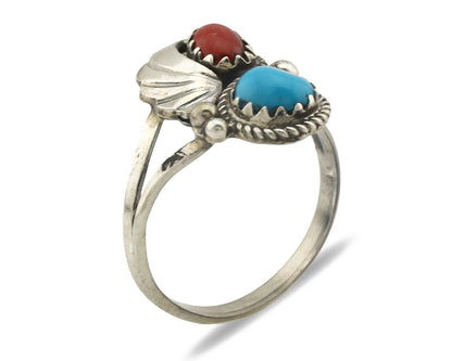 Navajo Ring .925 Silver Morenci Turquoise & Coral Native Artist Signed JM C.80's