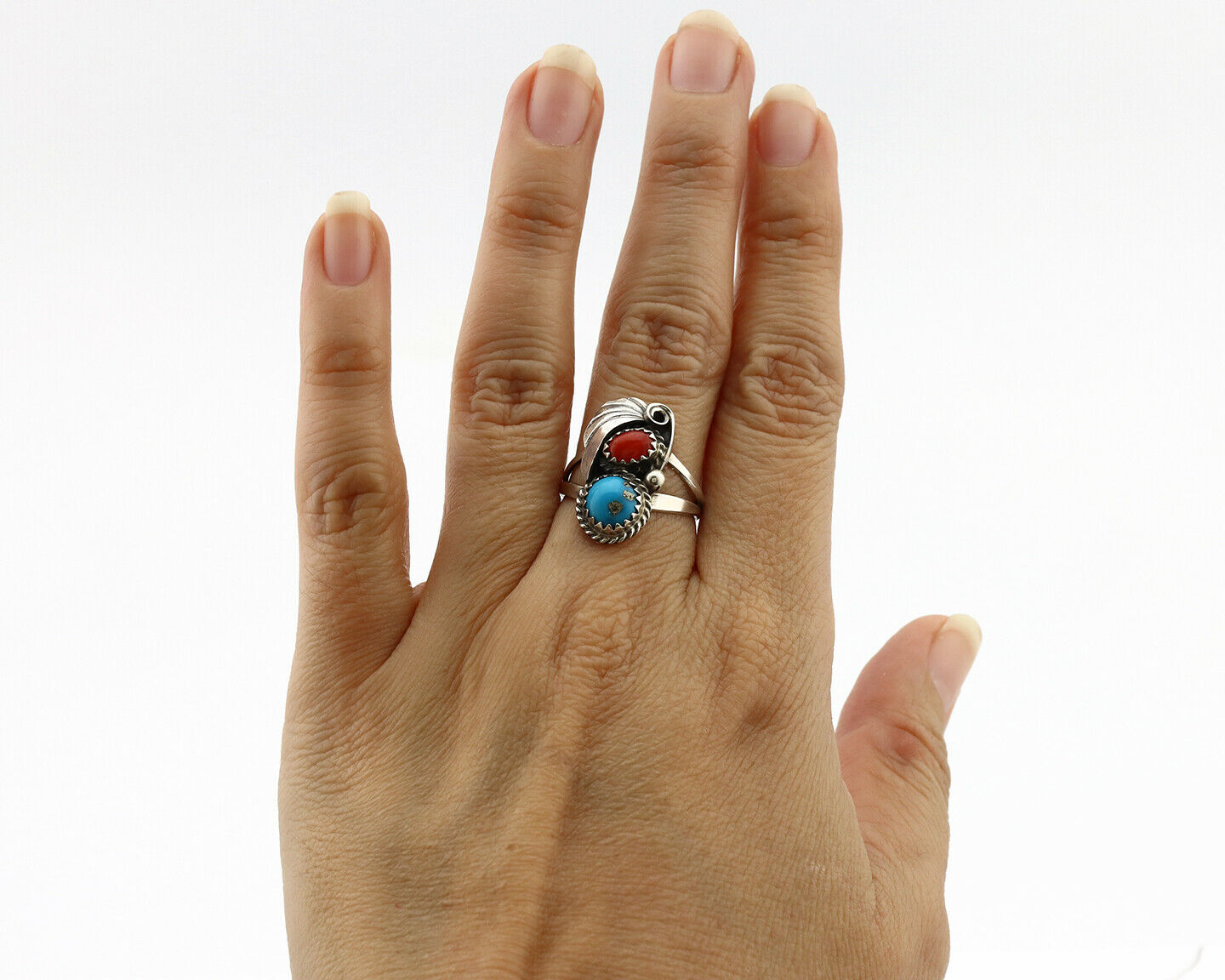 Navajo Ring .925 Silver Turquoise & Coral Artist Signed J Morris C.80's