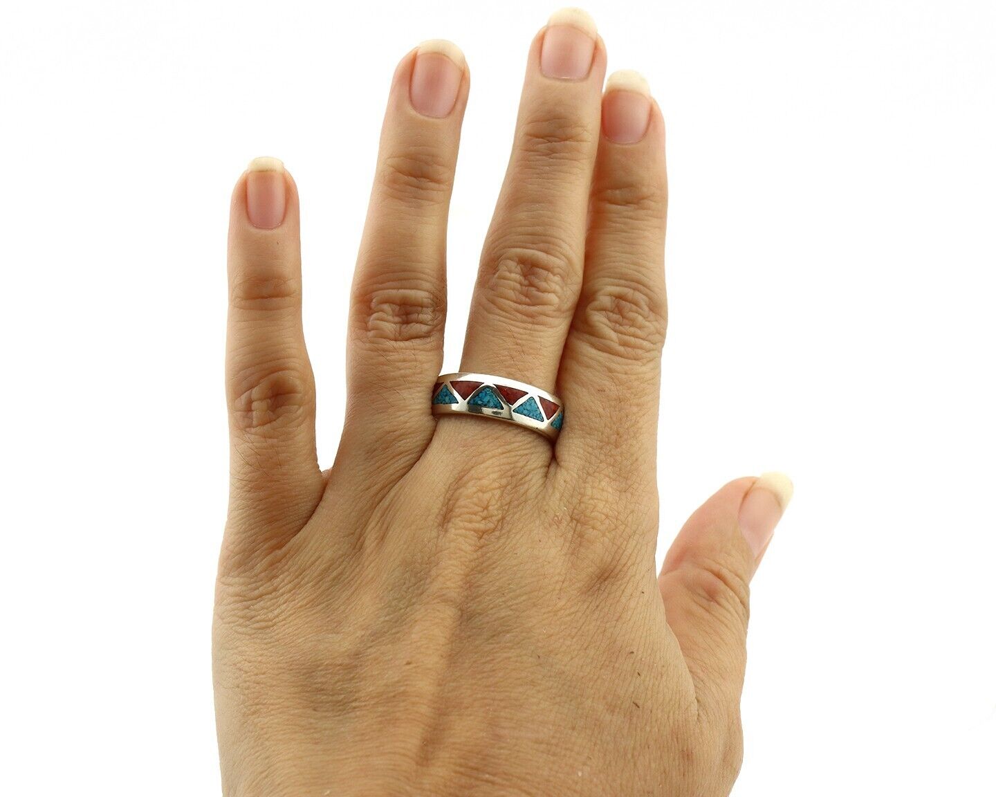 Navajo Chip Inlay Ring 925 Silver Sleeping Beauty Turquoise & Coral Silver Cloud