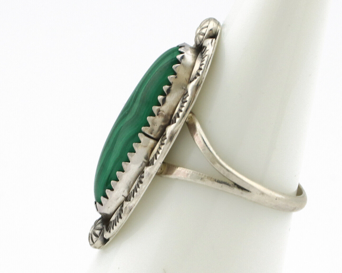 Navajo Ring 925 Silver Natural Malachite Artist Native American Signed H C.80's
