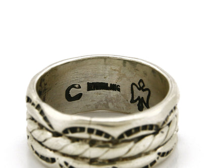 Navajo Ring .925 Silver Handmade Hand Stamped 3 Row Rope Band C.1980's Size 8.0