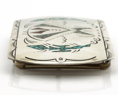 Navajo Belt Buckle 925 Silver Handmade Chip Inlay Artist Signed Henry Baca C.80s