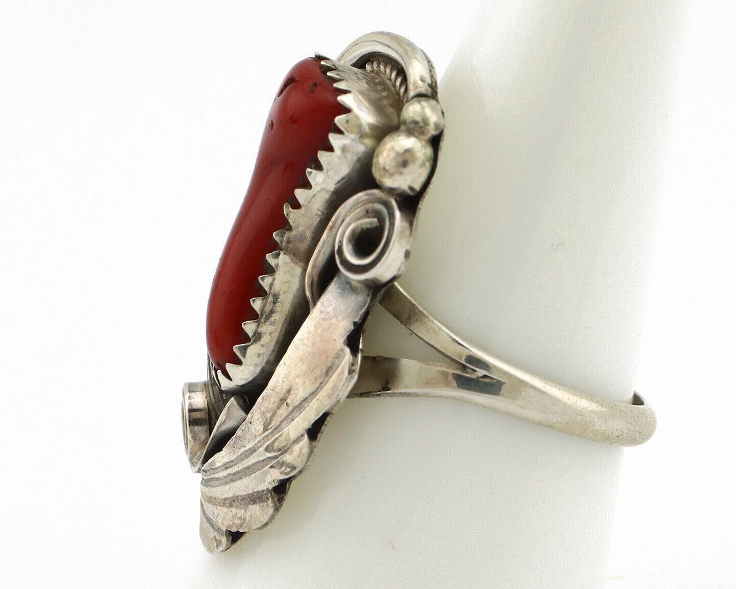 Navajo Ring 925 Silver Mediterranean Coral Artist Signed Justin Morris C.80's