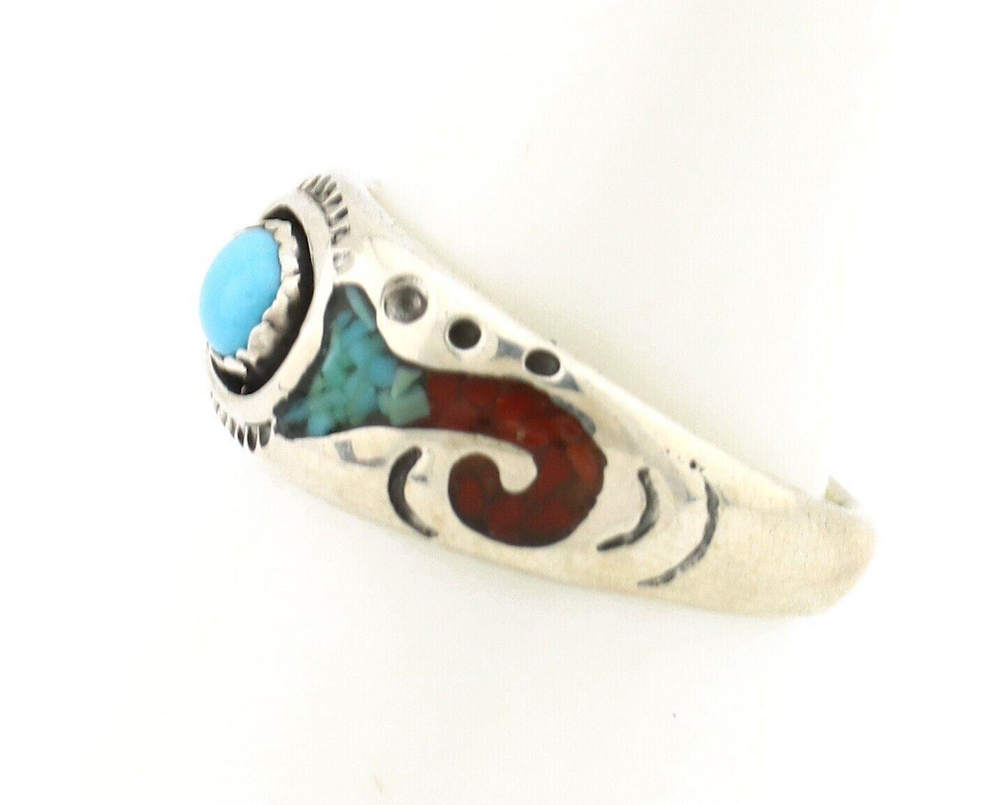 Navajo Handmade Ring 925 Silver Blue Turquoise & Coral Native American C.80's